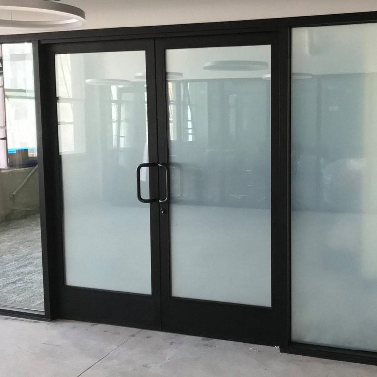 Doorway with frosted window film