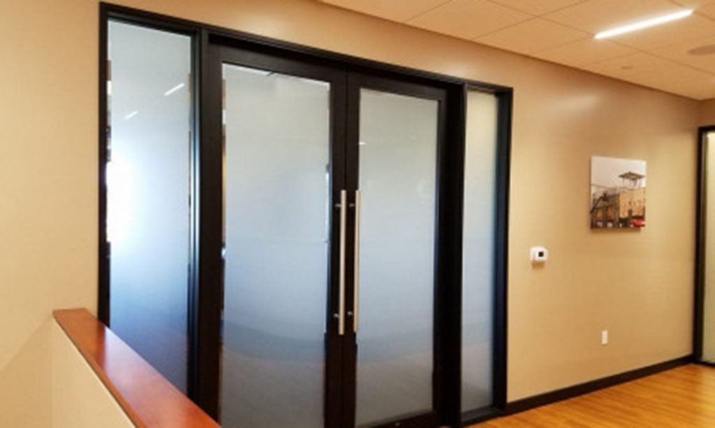 office interior with frosted glass doors