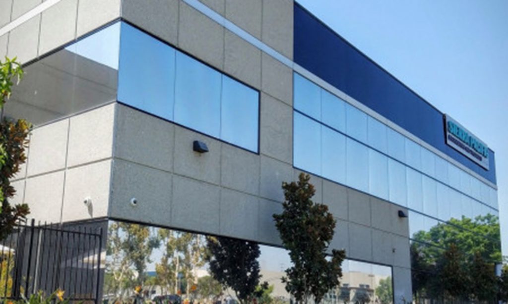 large office complex exterior with window film